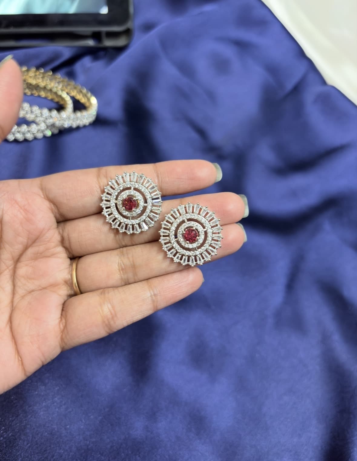 Ruby Wheel Studs | Anti-Tarnish Silver-Toned Earrings